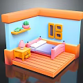 Colorful 3D Cartoon Bedroom Scene With Pink Bed Nightstand Lamp Window Shelf Potted Plant