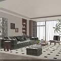Living Room Interior With Leather Sofa Patterned Rug Bookshelf Coffee Table And Potted Plant