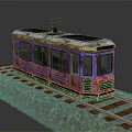 Vintage Tram With Red Yellow Purple Decor Black Roof Old Windows On Rail Tracks Gravel Path