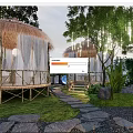 Tranquil Garden Landscape Featuring Thatched Pavilions White Curtains Bamboo Walkway Stone Path And Greenery