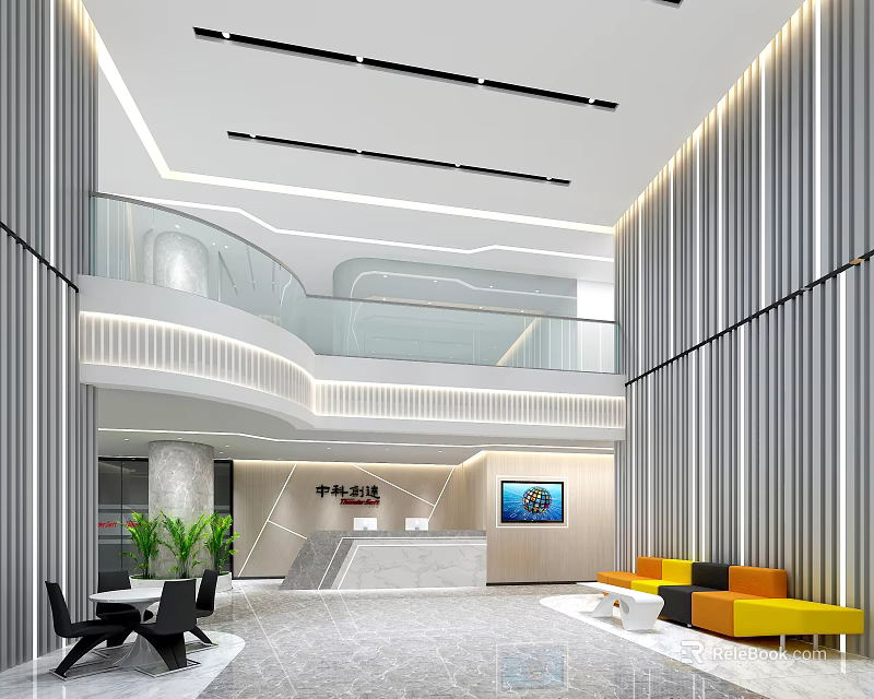 Modern Front Desk Reception Area With Stylish Sofa Seating And Elegant Lighting 3d model