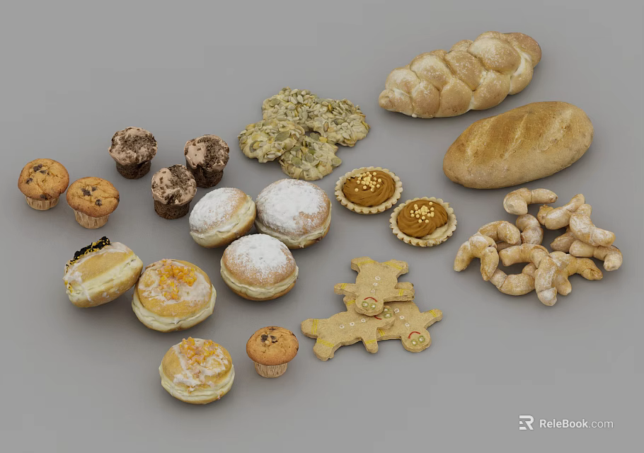 Assorted Baked Food Collection Including Bread Cupcakes Donuts Cookies and Pastries 3d model 