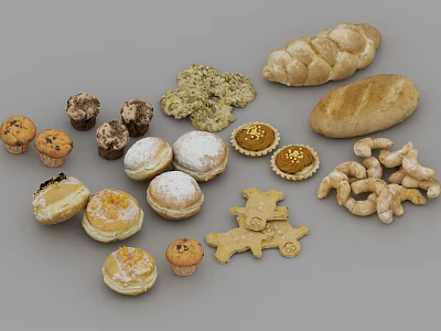 Assorted Baked Food Collection Including Bread Cupcakes Donuts Cookies and Pastries 3d model