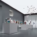 Art Gallery Exhibition Space With Paintings On Walls Central Display Stand And Ceiling Lighting