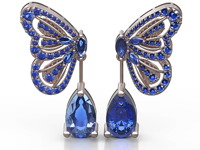 Elegant Butterfly Shaped Earrings With Blue Gemstones And Silver Setting 3d model