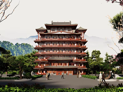 Ancient Traditional Chinese Multi Story Architecture With Pagoda Design Surrounded by Trees Mountains and Visitors 3d model