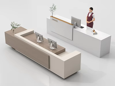 Modern Reception Desk With Wooden Beige And White Countertops Computer Monitors Potted Plants And Receptionist 3d model