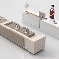 Modern Reception Desk With Wooden Beige And White Countertops Computer Monitors Potted Plants And Receptionist