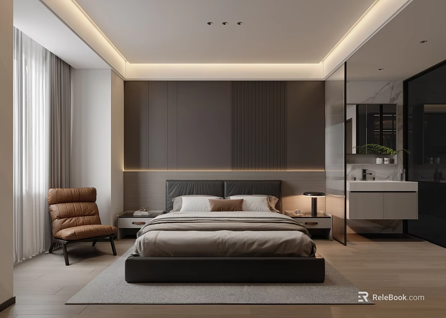 Modern Bedroom Interior Design With King Bed Brown Armchair And Wooden Floors 3d model 