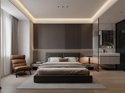 Modern Bedroom Interior Design With King Bed Brown Armchair And Wooden Floors 3d model