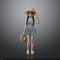 Little Girl In Blue Floral Dress With Straw Hat And Yellow Sandals