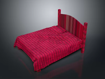 Stylish Red Striped Bed Design With Patterned Headboard And Matching Bedding 3d model