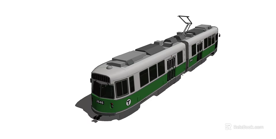 Green and white tram with number 1044 and T logo on carriage 3d model 