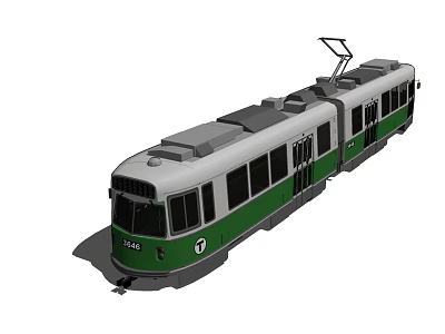 Green and white tram with number 1044 and T logo on carriage 3d model