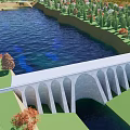 Scenic Natural Landscape With Flowing River Lush Forest And White Arch Bridge