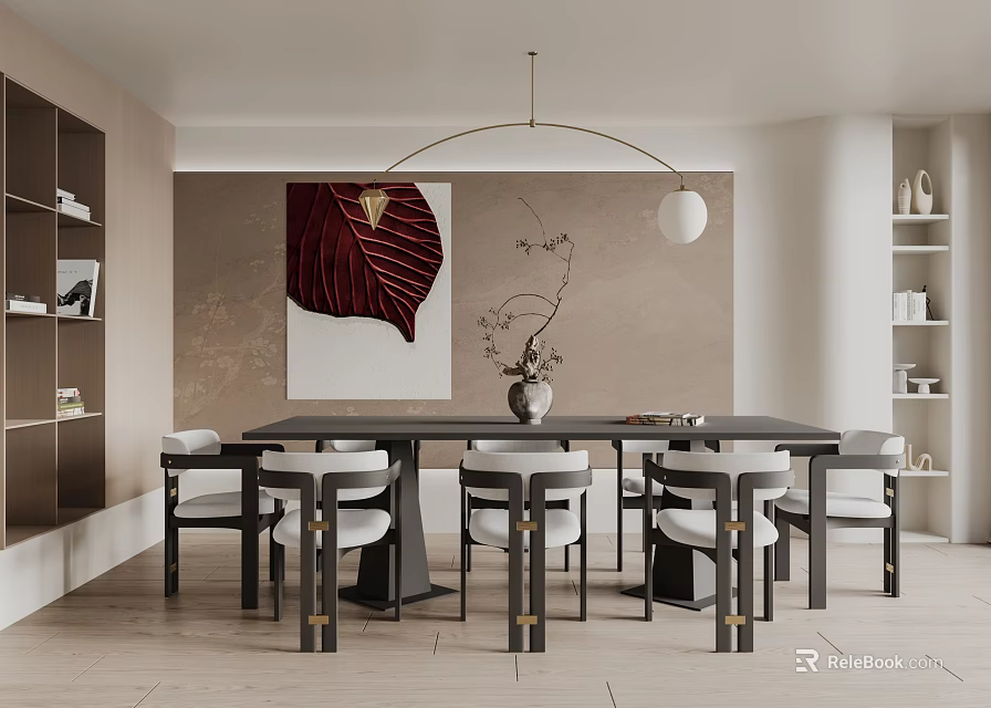 Elegant Restaurant Interior Design With Long Dining Table White Chairs And Red Leaf Wall Art 3d model