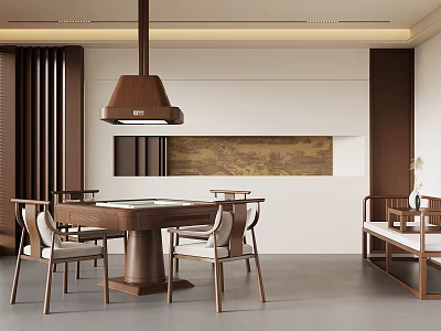 Traditional Mahjong Room Interior With Wooden Table Chairs And Pendant Light 3d model