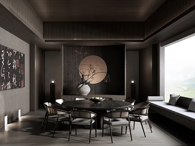Modern Private Dining Room With Wooden Ceiling Round Dining Table Calligraphy Decor And Scenic View 3d model