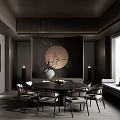 Modern Private Dining Room With Wooden Ceiling Round Dining Table Calligraphy Decor And Scenic View