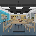 School Art Learning Classroom With Blue Walls Long Wooden Tables Wooden Chairs And Display Shelves