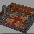 Medieval Tavern Interior With Wooden Tables Chairs Red Carpet Barrels And Stone Fireplace