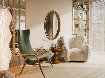Cozy Leisure Sofa Chairs With Green Armchair White Plush Chair Oval Mirror And Floor Lamp 3d model