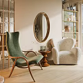 Cozy Leisure Sofa Chairs With Green Armchair White Plush Chair Oval Mirror And Floor Lamp