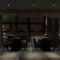 Traditional Restaurant Interior With Wooden Ceiling Woven Bamboo Seats And Central Dining Table