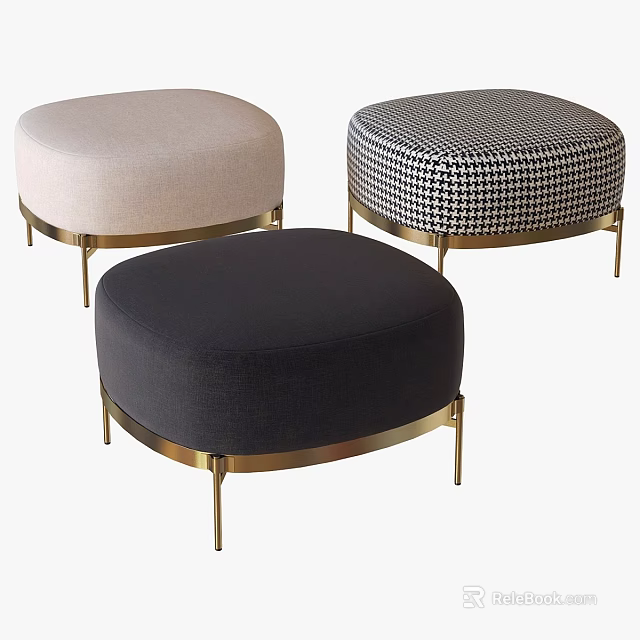 Stylish Ottoman Footstools with Beige Black Houndstooth Upholstery and Gold Metal Legs 3d model 