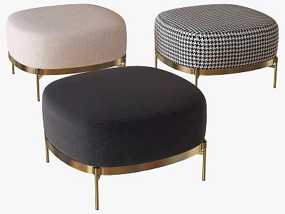 Stylish Ottoman Footstools with Beige Black Houndstooth Upholstery and Gold Metal Legs 3d model