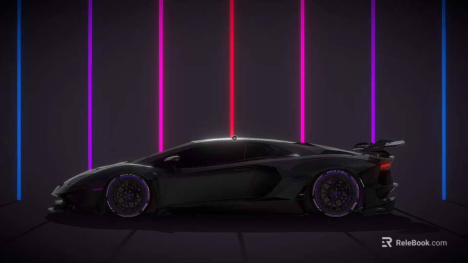 Black Sports Car With Purple Wheels And Neon Light Background 3d model 