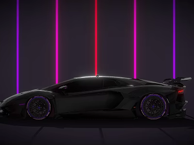 Black Sports Car With Purple Wheels And Neon Light Background 3d model