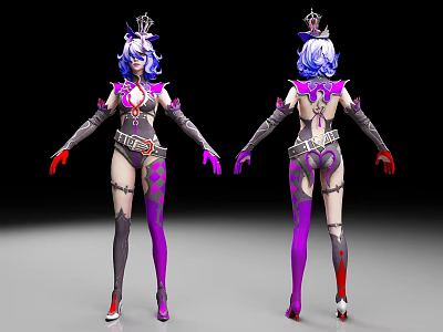 3D Character Model With Purple Hair Crown And Pink Purple Costume Design Front Back View 3d model