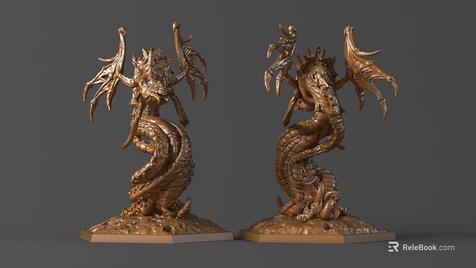 Intricately Carved Golden Dragon Sculptures With Winged Details And Base Design Elements 3d model 