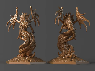 Intricately Carved Golden Dragon Sculptures With Winged Details And Base Design Elements 3d model