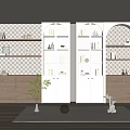 Elegant Modern Bookcase Interior With Glass Doors Patterned Wallpaper And Warm Lighting 3d model