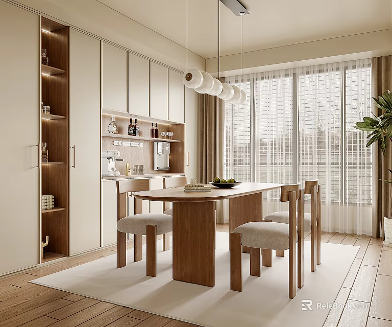 Modern Restaurant Interior With Wooden Dining Table Chairs Cabinets And Pendant Lights 3d model 