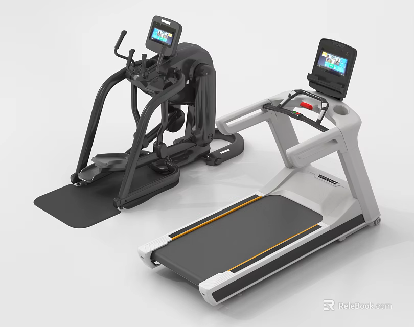 Modern Contemporary Fitness Equipment Including Elliptical Trainer Treadmill With Digital Screens 3d model 