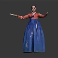 Woman Wearing Traditional Red Top and Blue Skirt Holding Fan with Elegant Gesture
