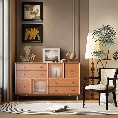 Wooden Sideboard With Drawers And Glass Doors Near Chair Floor Lamp And Wall Art 3d model