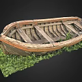 Old Wooden Boat With Weathered Planks And Frame On Green Grass