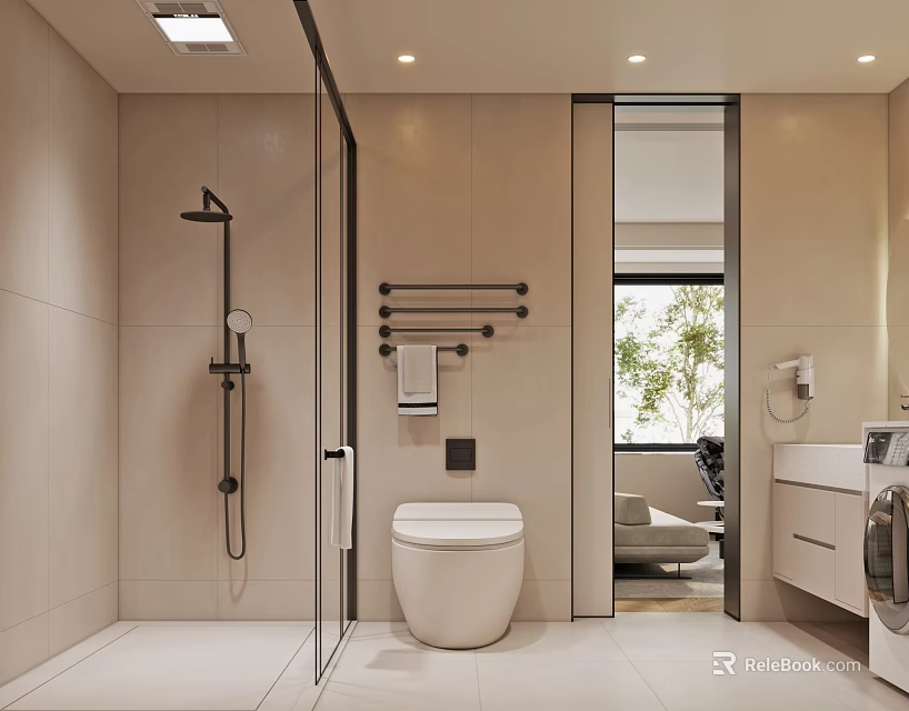 Modern Minimalist Bathroom With Glass Shower Enclosure Wall-Hung Toilet Towel Rack And Natural Light 3d model 