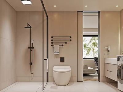 Modern Minimalist Bathroom With Glass Shower Enclosure Wall-Hung Toilet Towel Rack And Natural Light 3d model