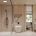 Modern Minimalist Bathroom With Glass Shower Enclosure Wall-Hung Toilet Towel Rack And Natural Light