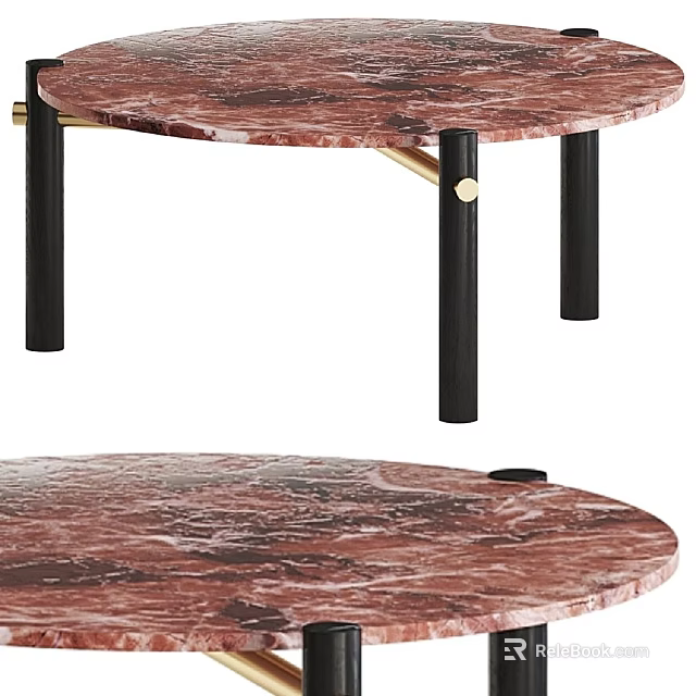 Modern Round Coffee Table With Red Marble Top Black Legs And Gold Accents 3d model 