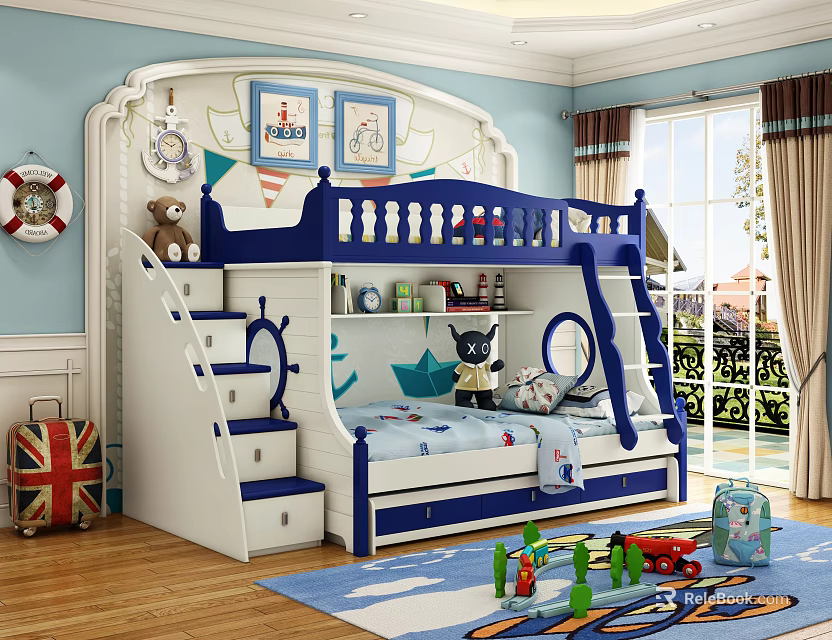 Ship Shaped Blue And White Bunk Bed With Staircase Storage Drawers In Kids Room 3d model 