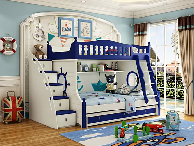 Ship Shaped Blue And White Bunk Bed With Staircase Storage Drawers In Kids Room 3d model