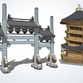 Chinese style archway wooden structure ancient tower 3d model