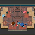 Colorful Stage Scene Construction With Blue Characters Red Platforms And Wooden Decorations
