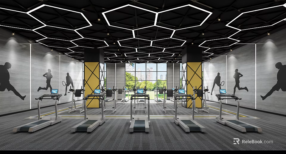 Modern Fitness Gym Interior With Treadmills Geometric Lighting Yellow Pillars And Wall Silhouettes 3d model 